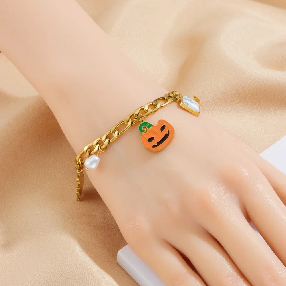 Halloween Gold Plated Stainless Steel Pumpkin Ghost Multi Pendant Charm Bracelet - Picture 6 of 9